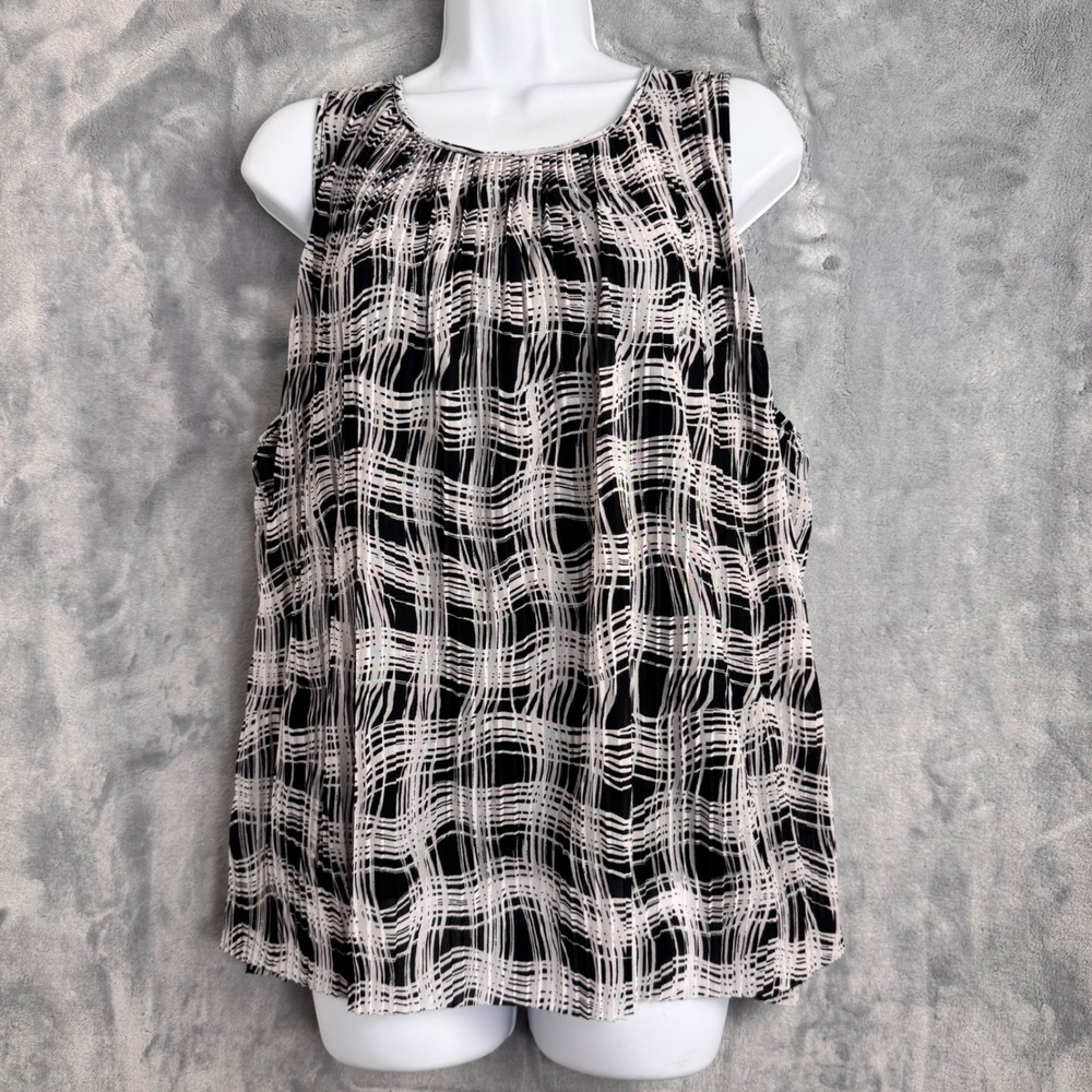 Liz Claiborne Tank Top Women XL Black White‎ Grid Sleeveless Zip Back Blouse